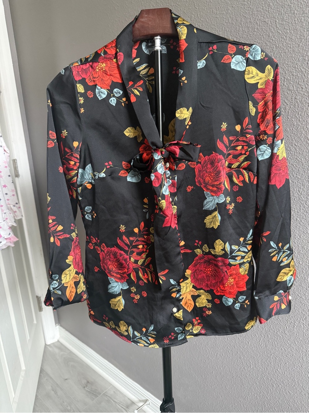 Sara Michelle Black Floral Tie-Neck Blouse with Red & Yellow Blooms
